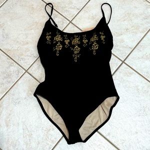 Vintage 90s Carol Wior One-piece Black with Gold Embroidery swimsuit